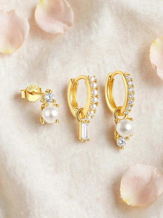 Jewelry - Gold Pearl & CZ Ear Stack Set — 3 Piece 925 Sterling Silver Huggies